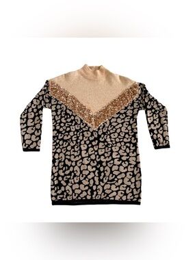 Sequin V-Paneled Leopard Knit Sweater Dress in Black and Gold